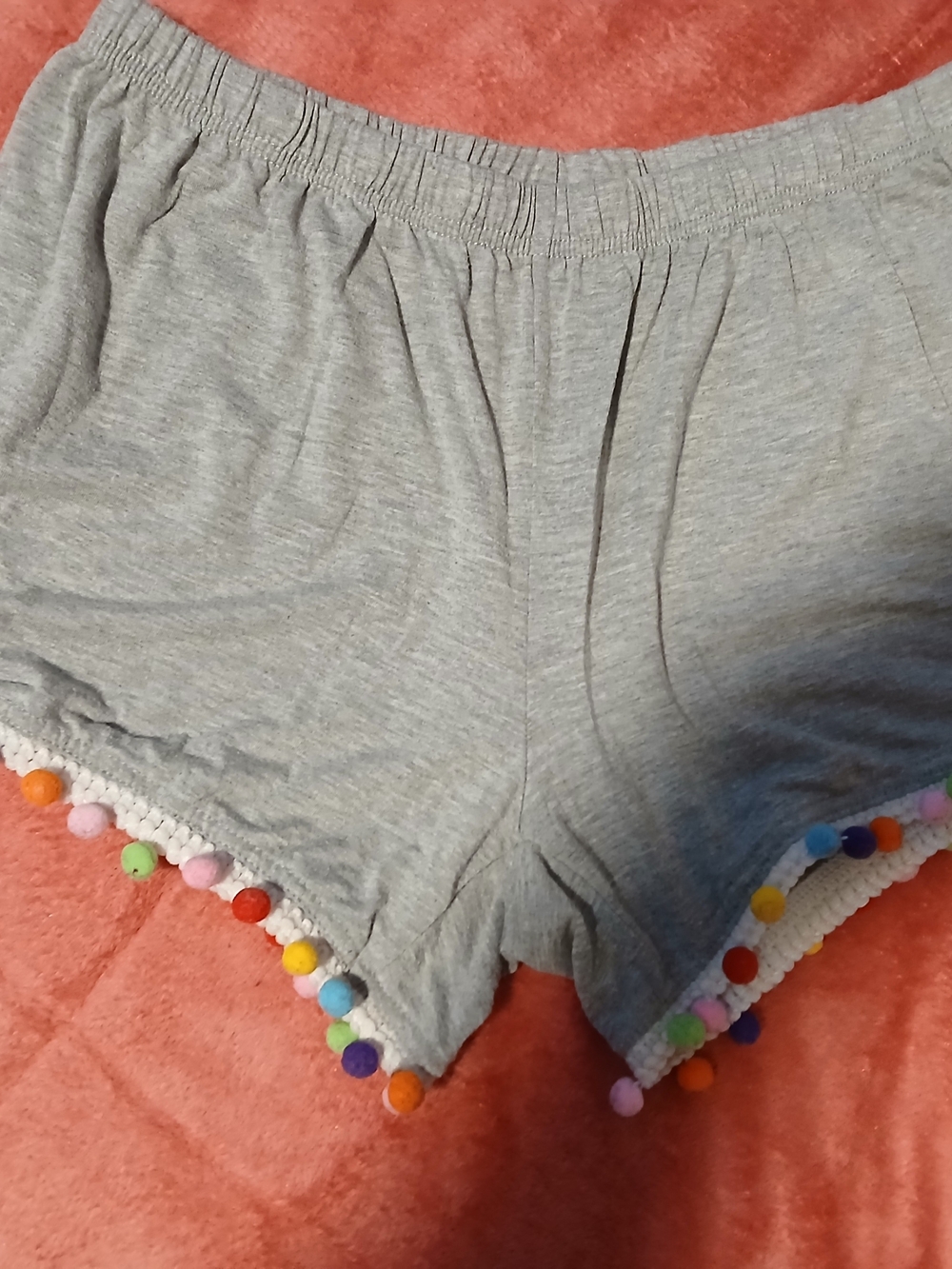 Couture Vintage Gray Lounge Shorts with Colorful Pom-Pom Trim